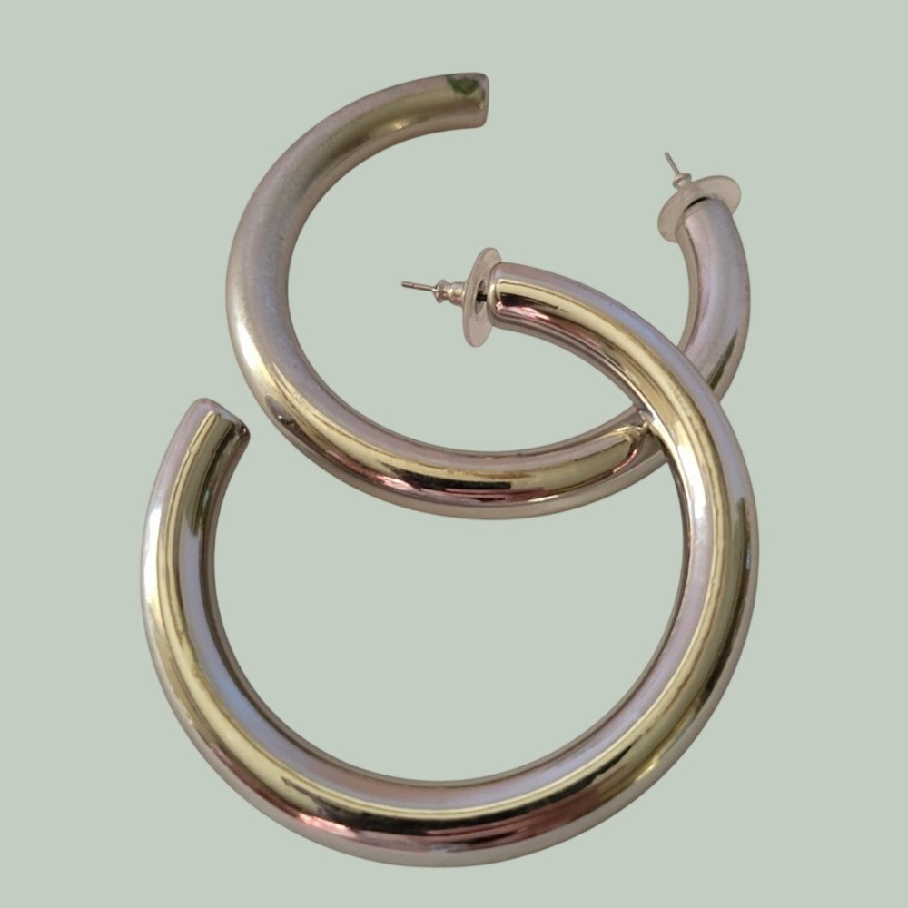 Hoop Pierced Earrings Large Chunky Minimalist Statement Hollow Tube Silver Tone